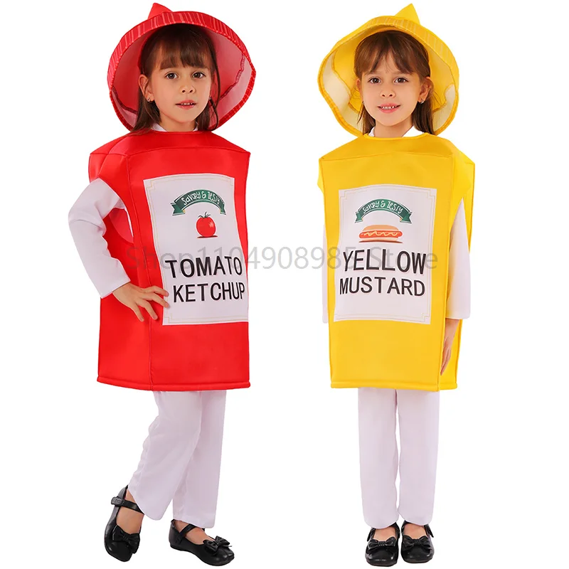

Cute Yellow Hot Dog Mustard Bottle Fancy Dress Halloween Cosplay Red Tomato Ketchup Bottle Costume For children