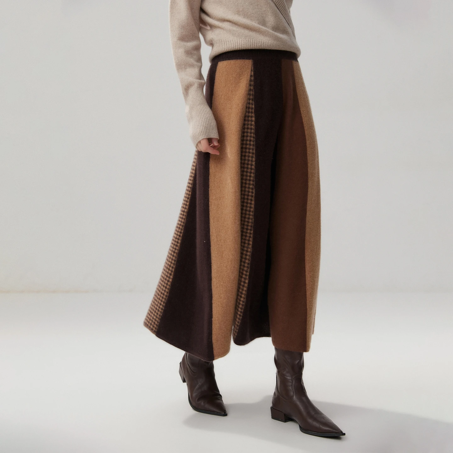 Retro Color Blocked Wave Skirt 100 Cashmere Skirt Women Skirt Autumn Winter A-Line Long Skirt Oversized Pleated Skirt Knit Dress