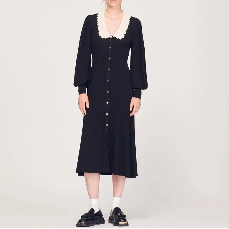 黒長袖ニットドレス女性ターンダウンネックエレガント Vestidos ボディコンハイウエストストリート布女性