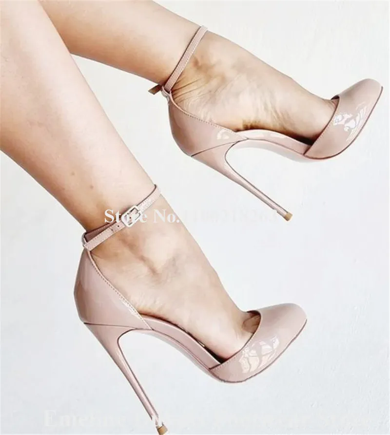 Nude Stiletto Heel Pumps Emeline Dubois Newest Round Toe Nude Patent Leather Thin Heel Shoes Ankle Strap Big Size High Heels 46