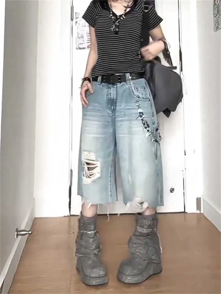 High Street Vintage Ripped Denimกางเกงขาสั้นผู้หญิงY2Kล้างหลวมขากว้างCroppedกางเกงยีนส์ดิบHemกลางลูกวัวกางเกงStreetwear E-สาว