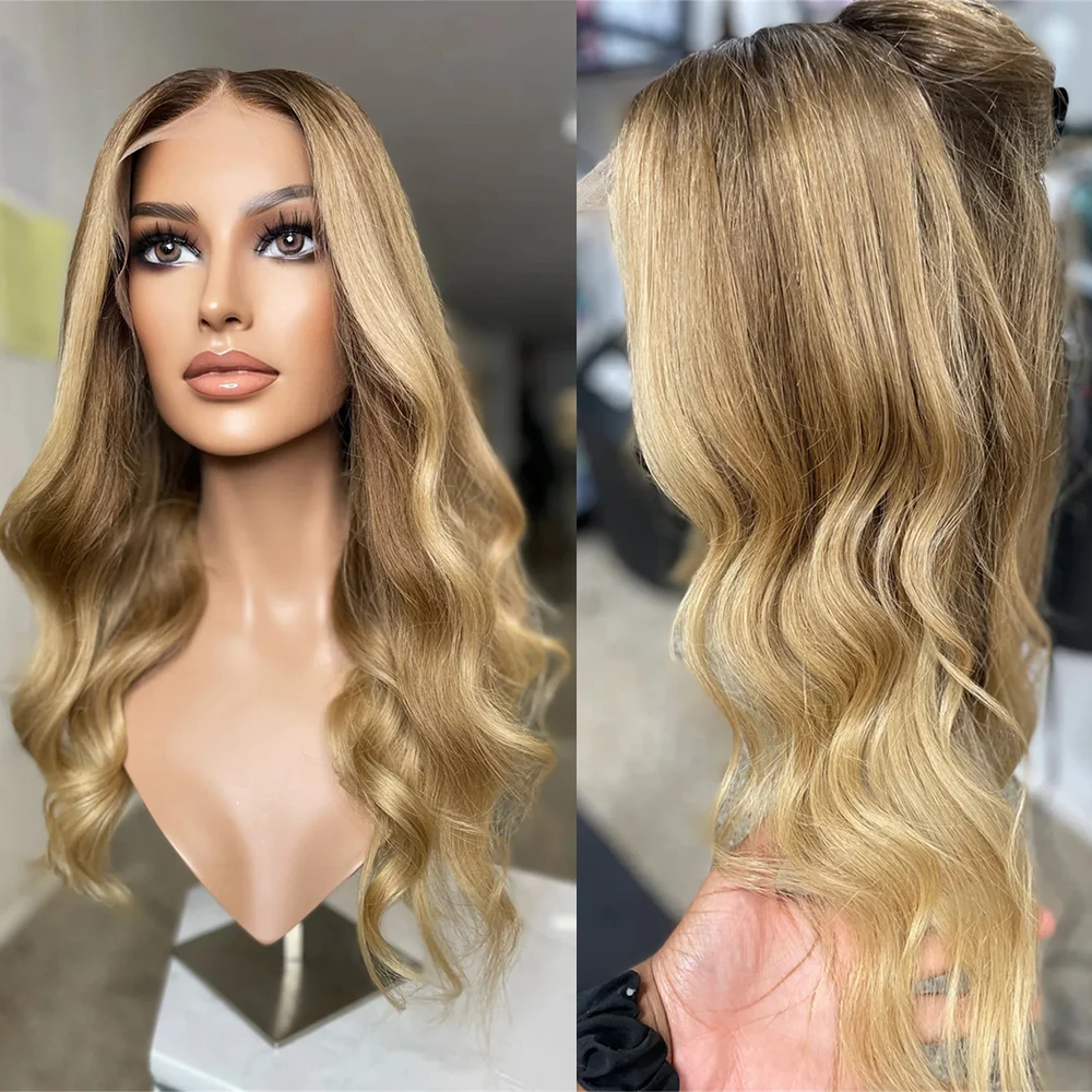 

Теплый корень блондинка Balayge Мягкий HD парик фронта шнурка Предварительно выщипанная линия волос Натуральный волнистый парик Синтетический парик из высокотемпературного волокна Ежедневное использование