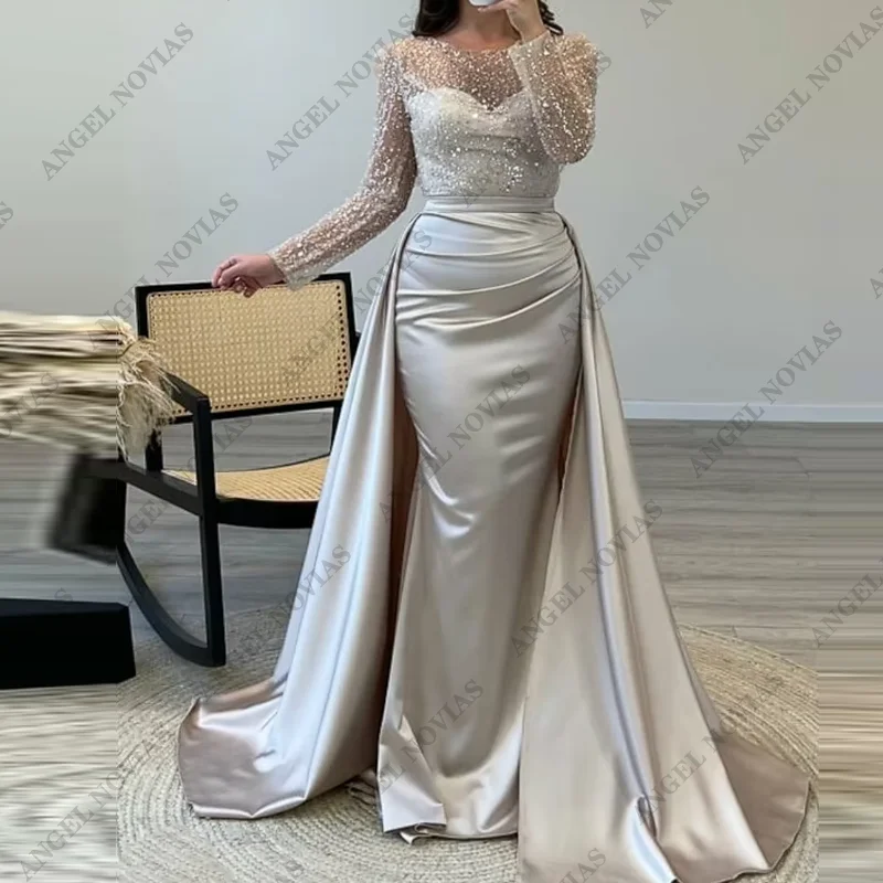 Customized Mother of The bride Dress Sequin Evening Gown Satin Dress Long Sleeves Floor Length Illusion Prom Wedding Guest Dress