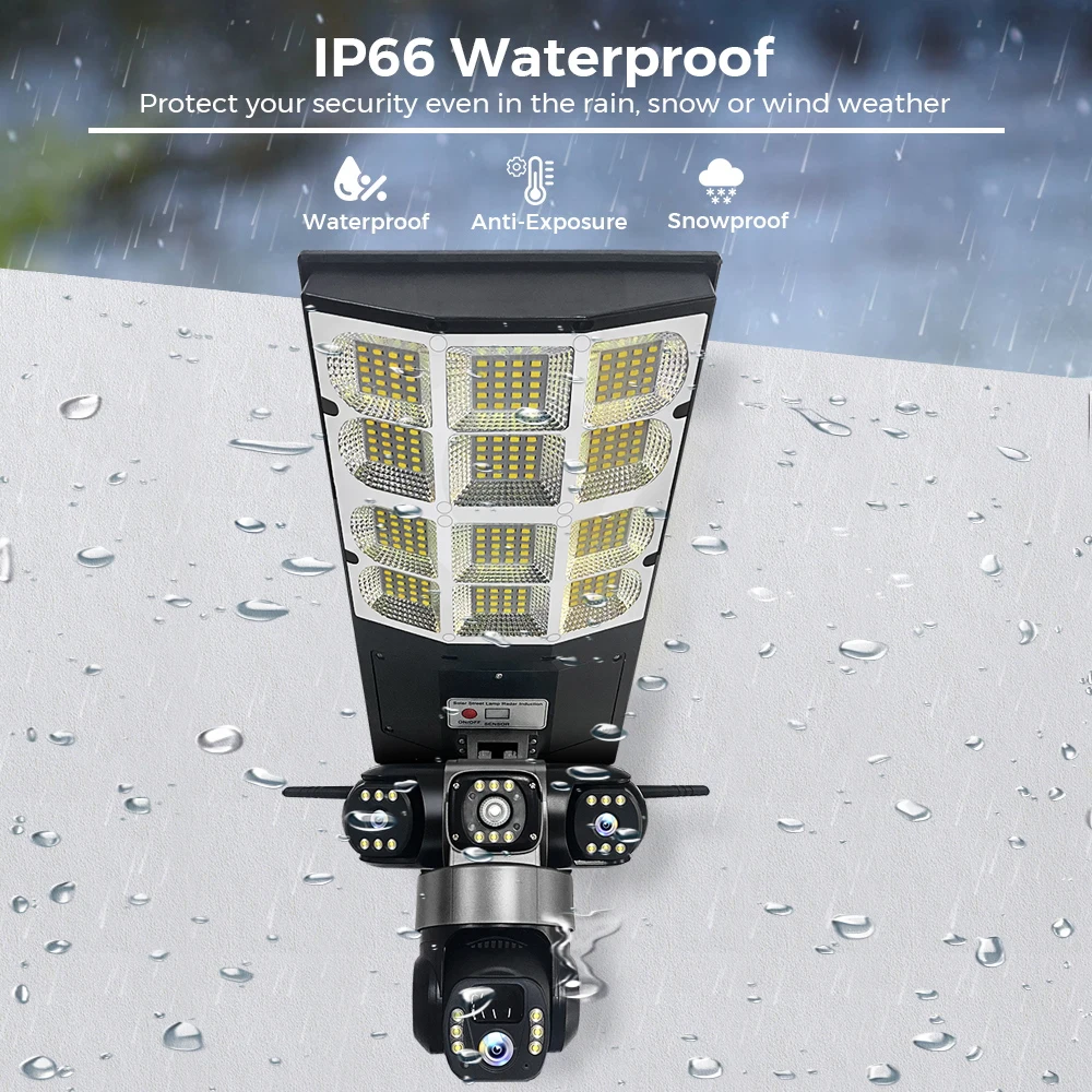 مستشعر الكاميرا الشمسية ضوء الشارع LED 3 أوضاع إضاءة ثلاثة عدسة 4G 15MP كاميرات المراقبة الخارجية IP66 مقاوم للماء التحكم عن بعد