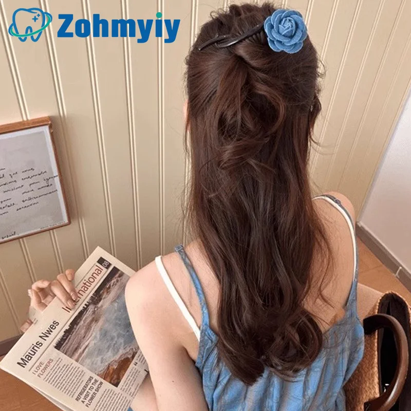 

Blue Denim Flower Horizontal Clip Sweet Cool Headwear Twist Clip Rubber String Girl Clip Button Hairstyling Accessories