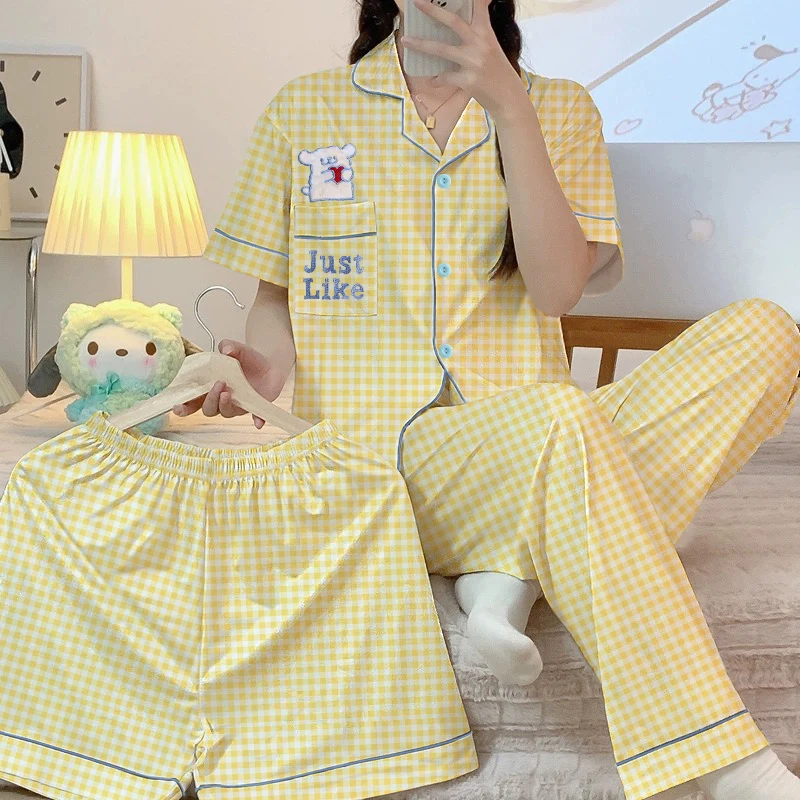 

Letter Dog Print Korean Style Women's Pajamas Plaid Kawaii Sweet Casual Pajamas for Women New Summer Cute 3 PC Set Loungewear