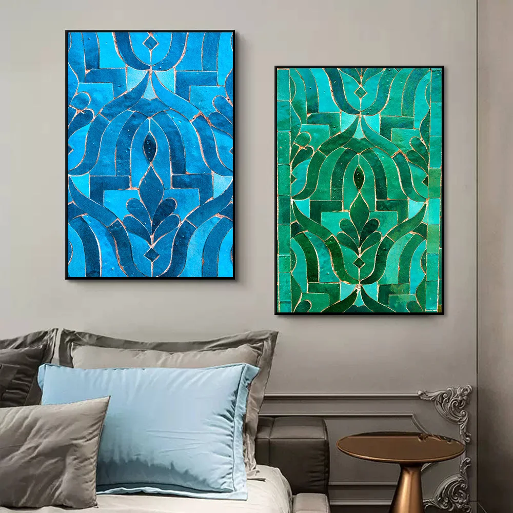 

Blue Green Moroccan Tile Photography, Modern Wall Art Canvas Print Poster, Minimalist Picture, Living Room Home Interior Decor