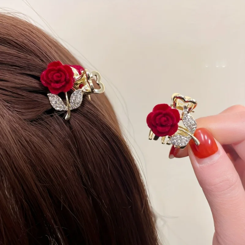 

2Pcs Elegant Shiny Rhinestone Red Rose Hairpin, Broken Hairpin, Bangs Hairpin, Retro Style Resin Hair Accessories
