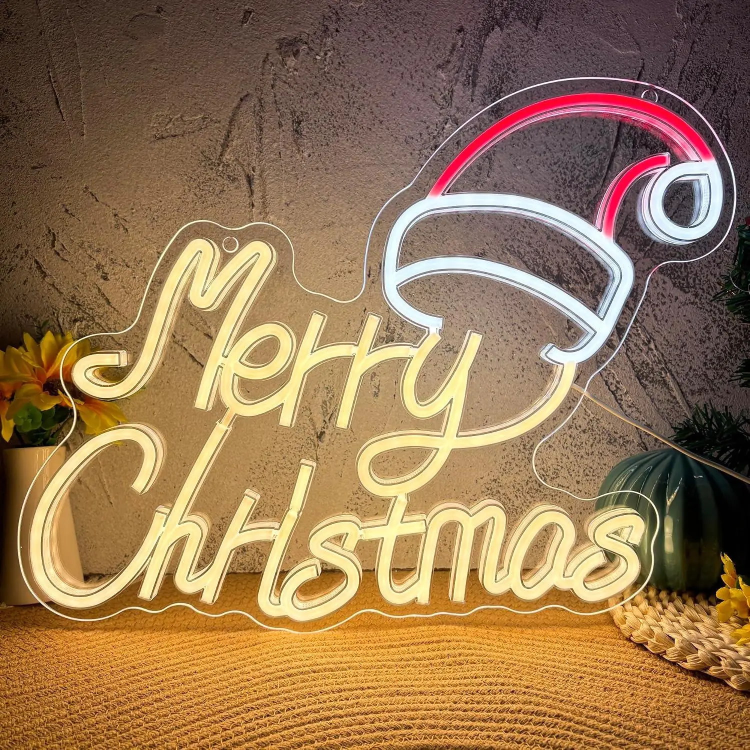 Xmas Merry Christmas Santa Hat Neon Sign Dimmable LED Lights For Bedroom Dining Room Living Room Window Home Party Wall Decor