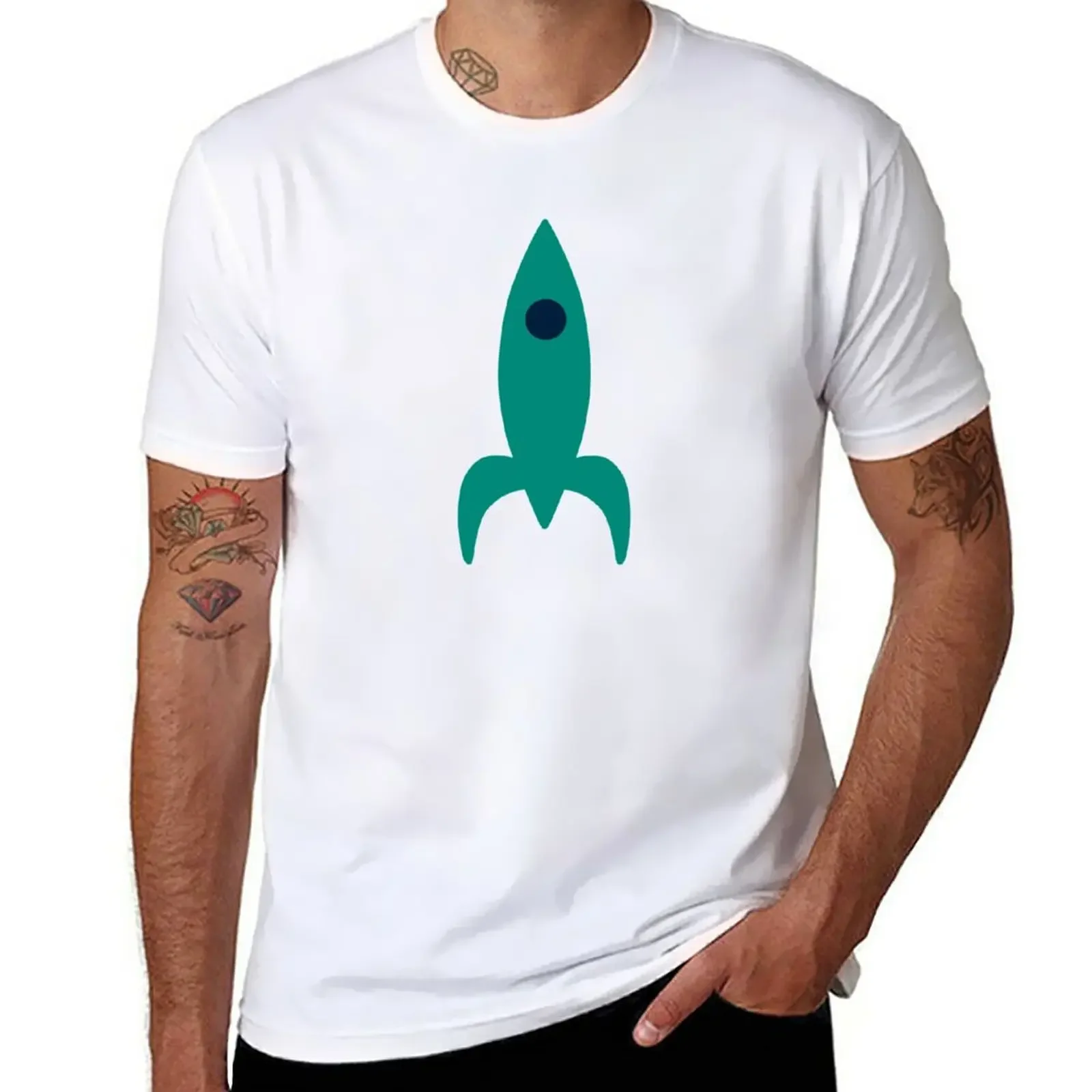 Space Age Rocket Ships - Mid-Century Modern Atomic Age Pattern in Mid Mod Beige and Teal T-Shirt summer tops sweat shirts, men