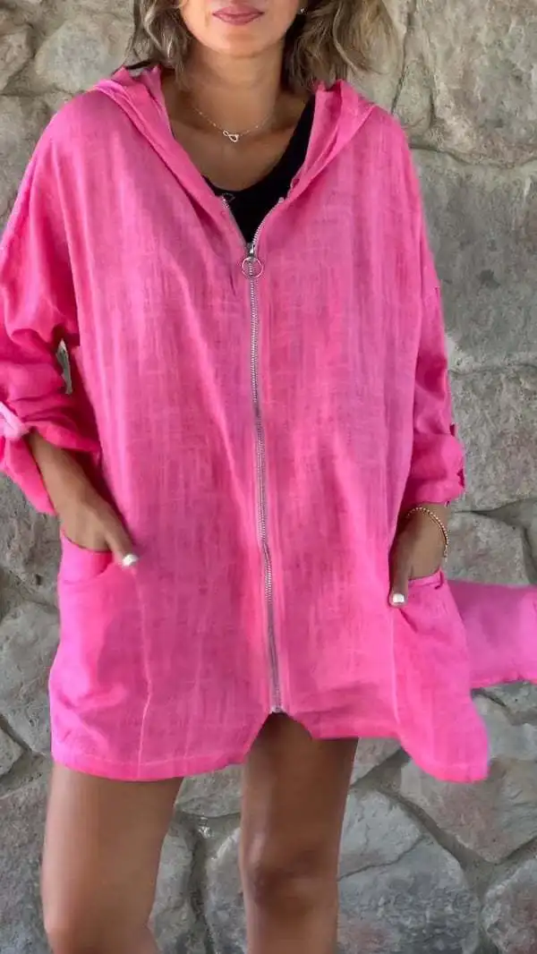 Casual Hooded Jacket Fashion Solid Color Asymmetric Split Jacket Loose Long Sleeved Zipper Top Spring Commuter Women Clothing