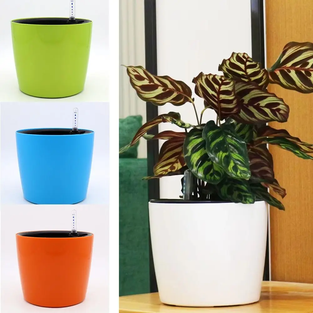 New 2 Layer Lazy Flower Pot Garden Decor Creative Self Watering Plant Pot Plastic with Water Level Indicator Automatic Planter