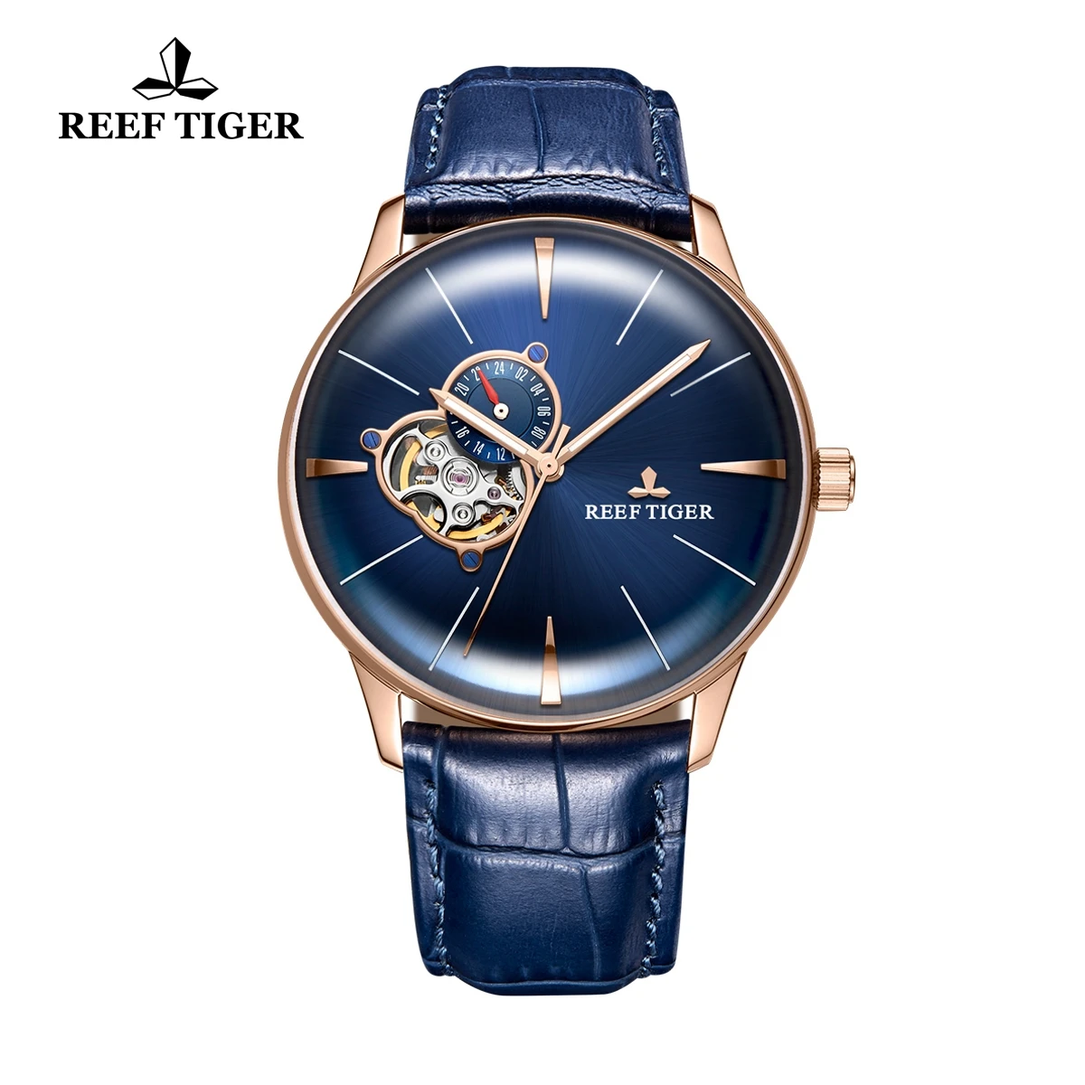 New Reef Tiger/RT Designer Casual Rose Gold Blue Dial Watches 