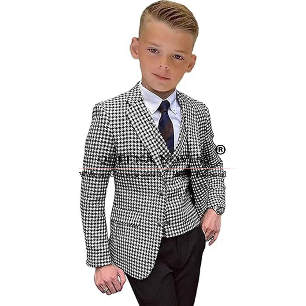 Houndstooth Tweed Boys Suits For Wedding Kids Formal Ring Bearer Blazer Vest Pants 3 Piece Set Costume Enfant Garçon Marriage