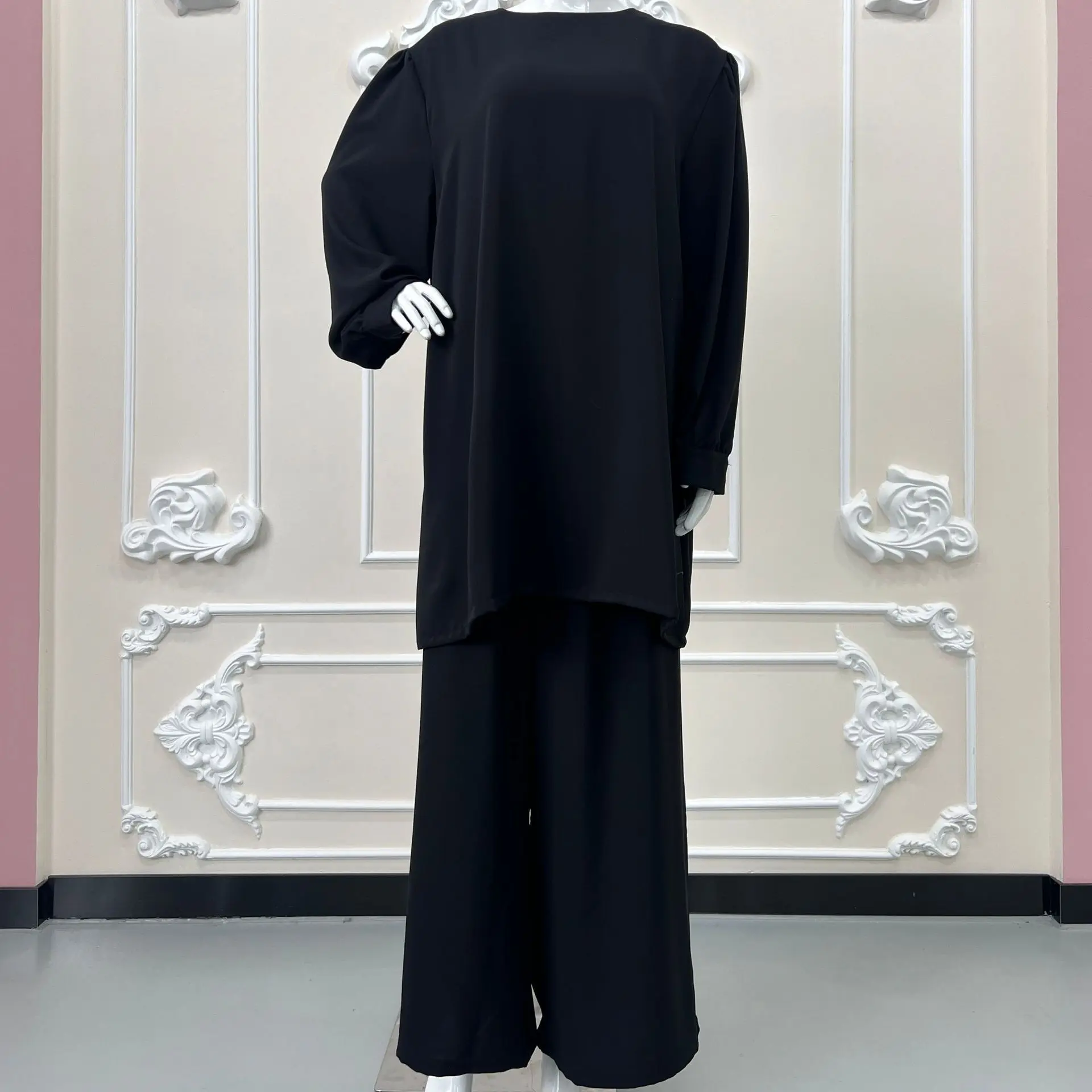 プレーンな女性用ロングドレスシャツパンツ2ピースムスリムセットトルコカフタン ドバイアバヤアラビックアウトフィットスーツファムムスリムアンサンブル