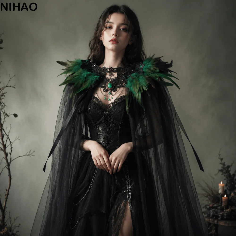 Black Halloween Feather Cloak Fur Collar Mesh Fringe Hollow Lace Mesh Cape Flowing Elegant Festival Costume Cape
