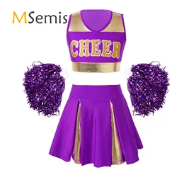 Kids Girls Cheerleading Uniform Cheer Modern Dance Costume Letters Printed Crop Top with Pleated Skirt And 2Pcs Flower Balls