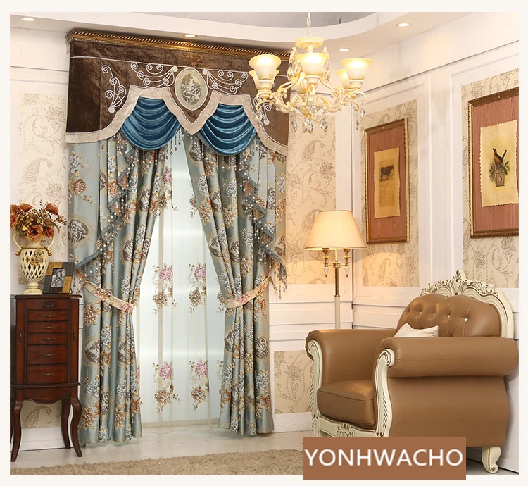 Custom high-grade high precision jacquard European living room blue cloth blackout curtain tulle valance drape C1622