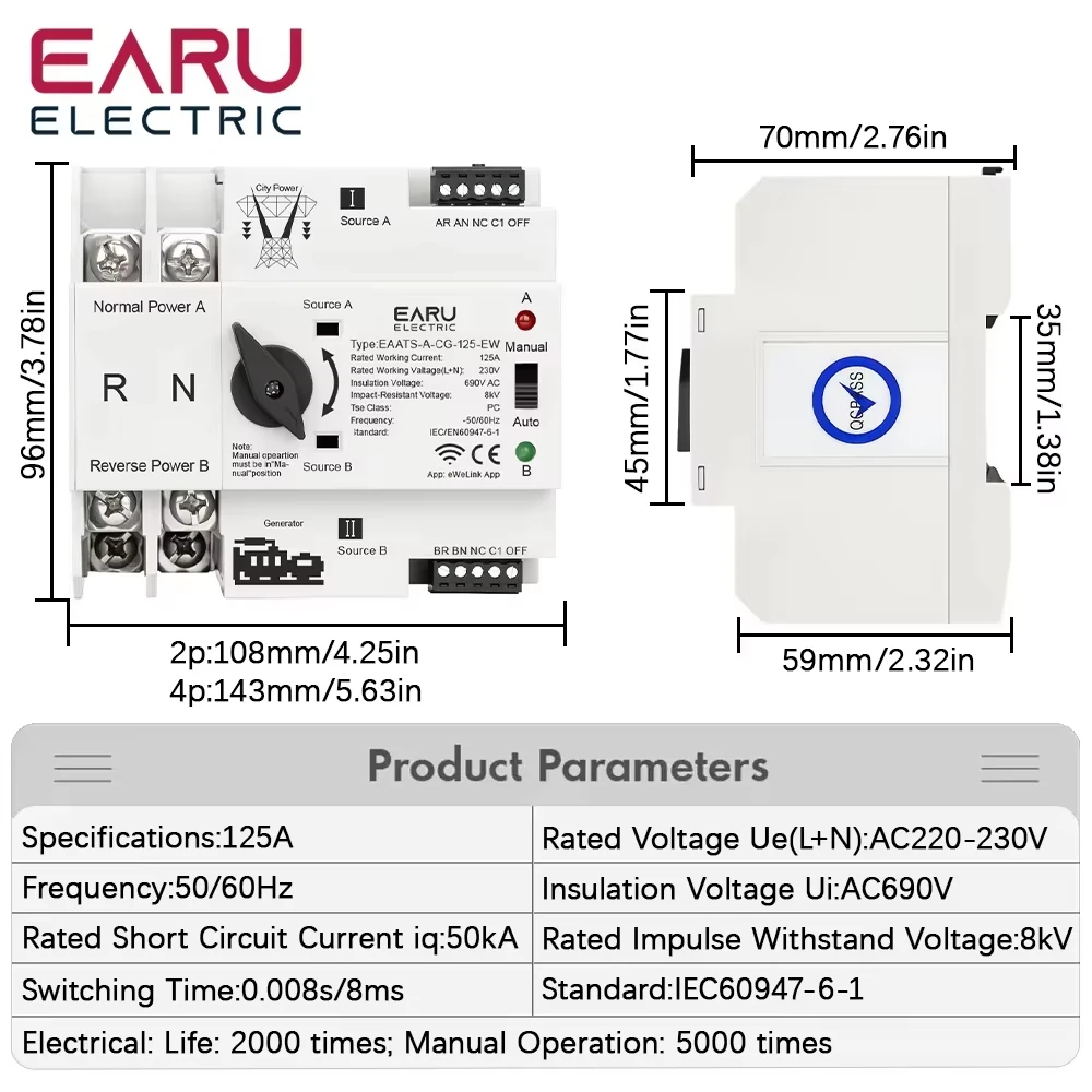 eWeLink WiFi Smart Remote Control 2P 4P 125A AC 230V ATS Dual Power Automatic Transfer Electrical Selector Switch Uninterrupted