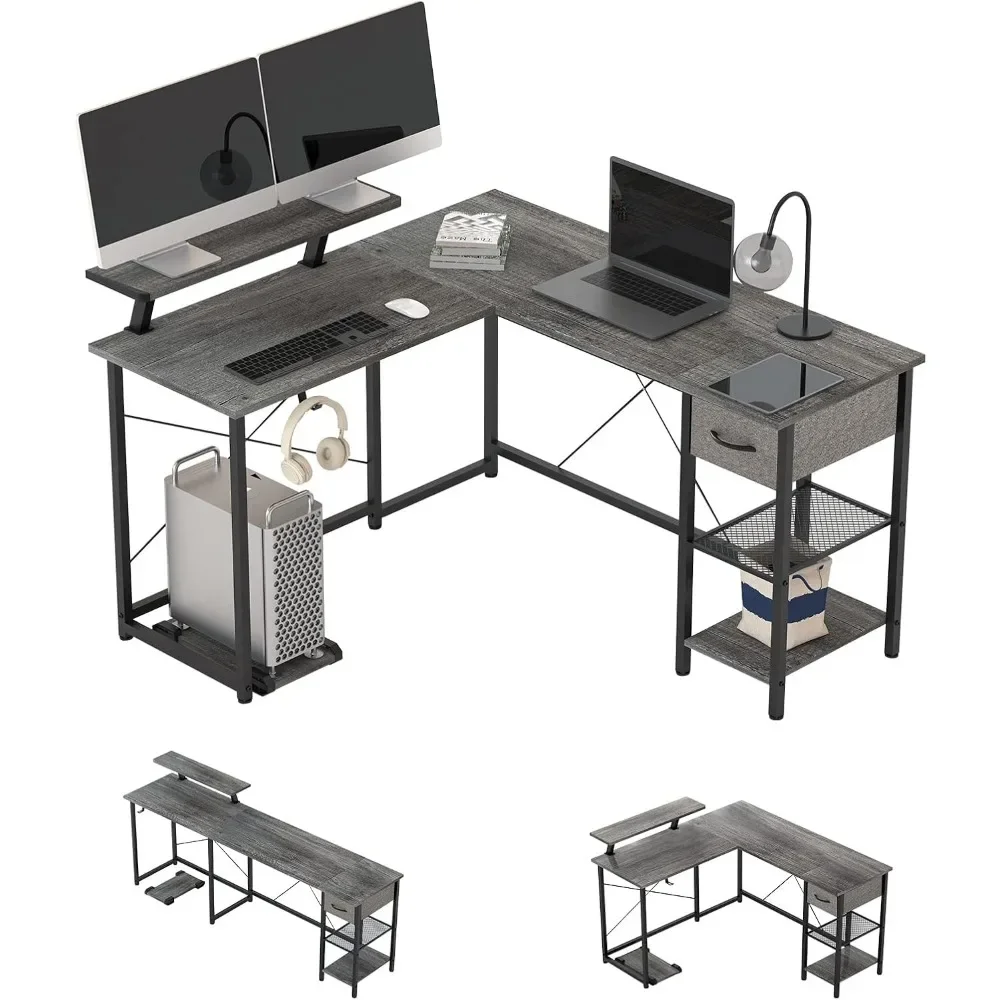 

L Shaped Computer Desk with Storage Drawer, Reversible Corner Gaming Desk with Storage Shelves and Monitor Stand, Modern