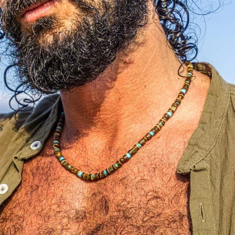 Minimalist Mens Necklace Natural Coconut Shell Beads Collar Boyfriend Gift Metal Cube Beads Erkek Kolye Neck Accessories Choker