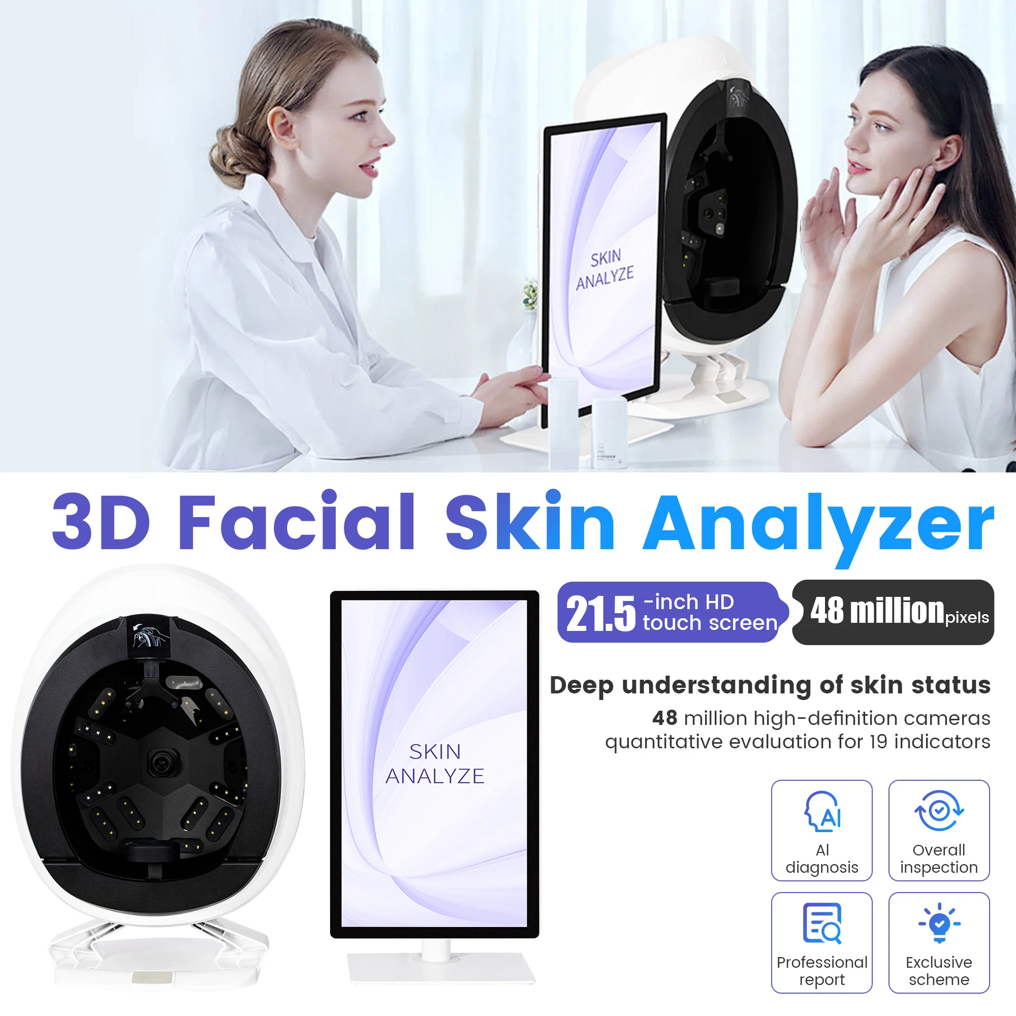 Escáner Facial portátil para el cuidado de la piel, máquina analizadora de piel Facial, problemas de piel Facial con solución, máquina de belleza de informe