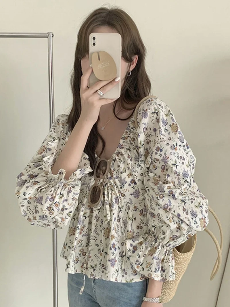 Top F Floral de Um Ombro com Cordão e Manga Longa, Design Curto, Estilo Coreano, Ajuste Solto e E para a Primavera