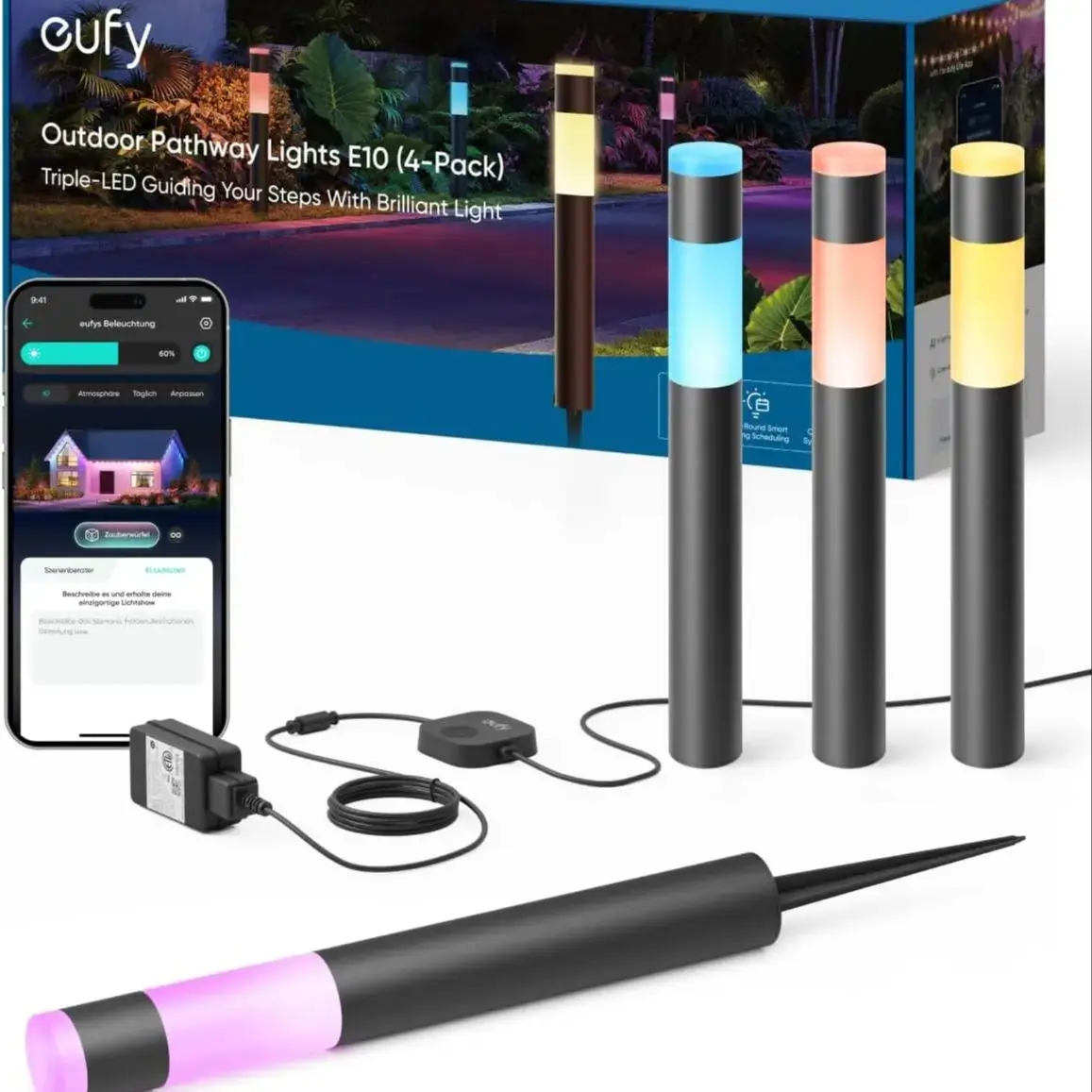 eufy Outdoor-Wegeleuchten E10, 4er-Pack, intelligente kabelgebundene RGBWW-LED-Landschaftsleuchten, 350 lm, IP65 wasserdicht für den Hof, KI-Licht
