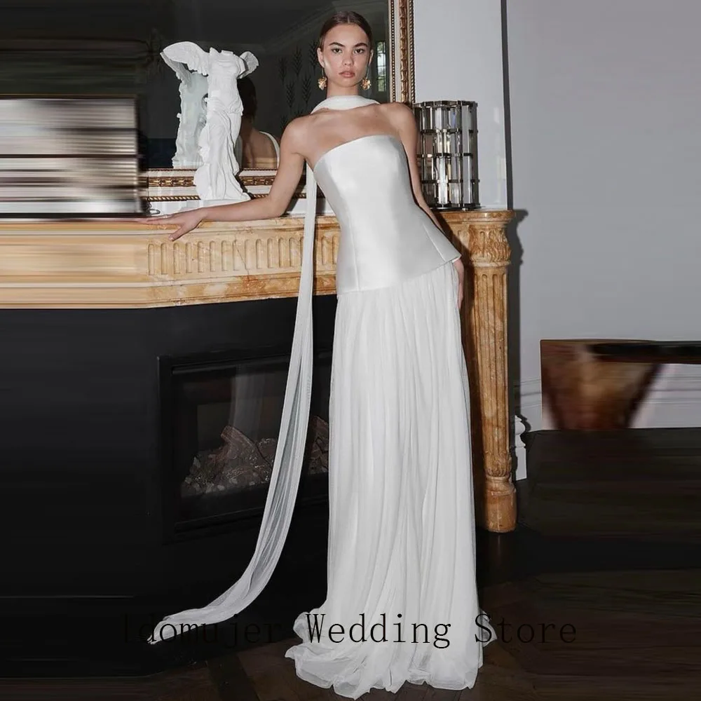 

Elegant A-Line Wedding Dresses White Strapless Bridal Dress Satin Chiffon Brides Party Gowns Evening Dress Customized