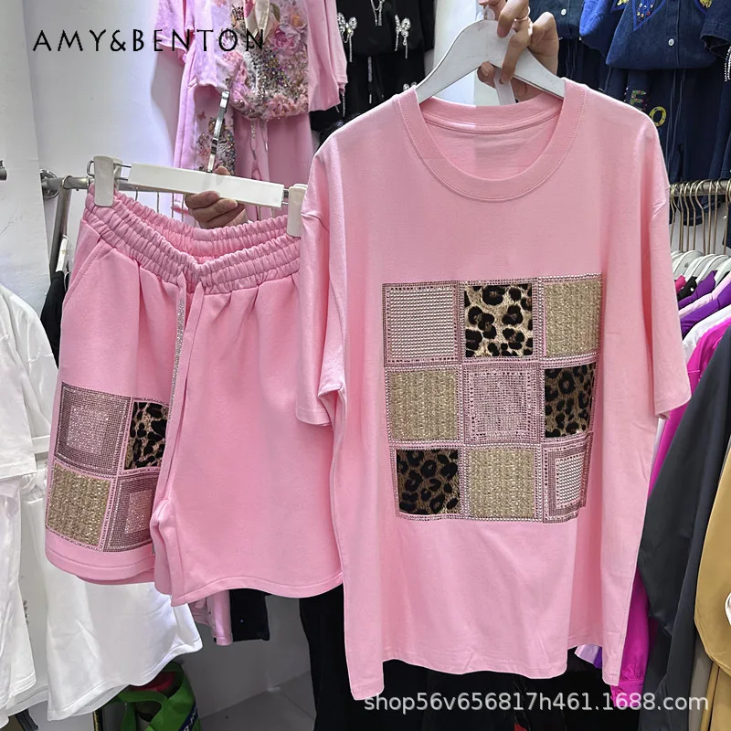 

Popular Design Hotfix Rhinestone Plaid Leopard Print Oversized Short Sleeves Tshirt Top + Elastic Waist Wide Leg Shorts 2pcs Set