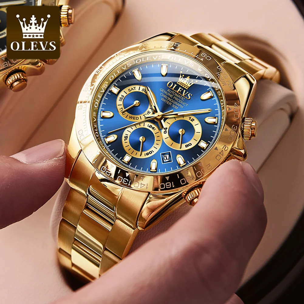 OLEVS Top Brand Men\'s Automatic Mechanical Watch Deep Waterproof Stainless Steel Strap Men Automatic Wristwatch Gold Watch