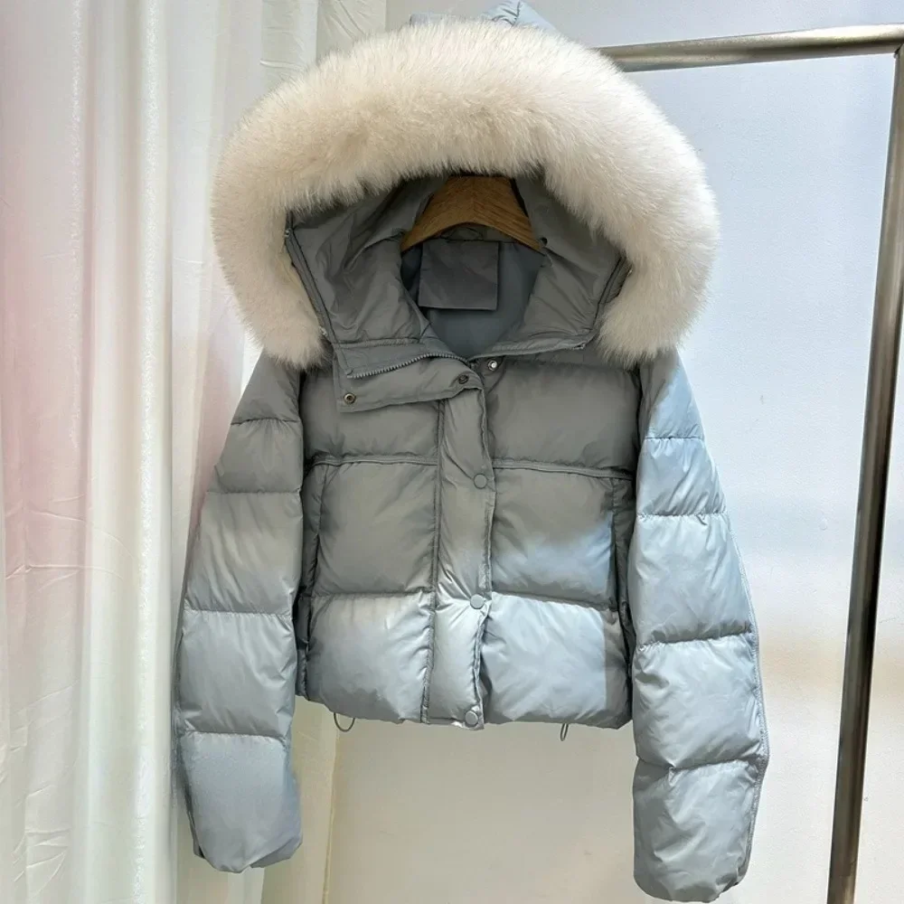 New Real Fox Fur Coat Hooded Short Warm Simple Female Puffer Jacket Women Fashion Winter White Duick Down Jacket Women