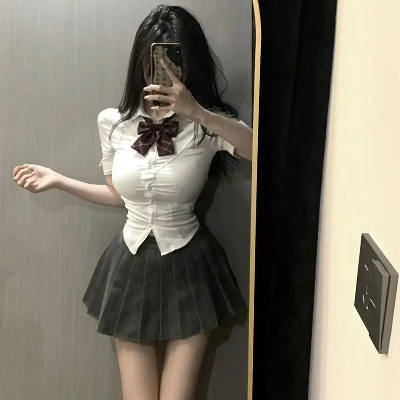 Summer Uniform Set Pure Desire Style Waist-Cinching Slim Fit Short Sleeve Shirt Top Skirt Bow Tie Three-Piece Set for Women