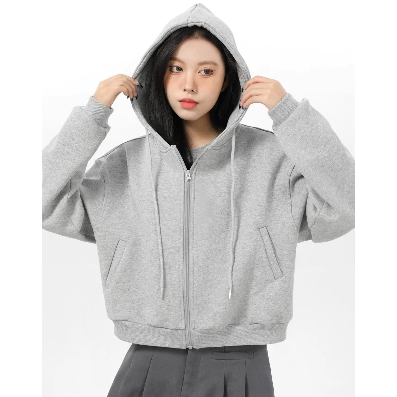 

Y2K Spring Grey Women Clothing Korean Fashion Baggy Hooded Jacket Streetwear Solid Short 2024 NEW Long Sleeves Plush Tops