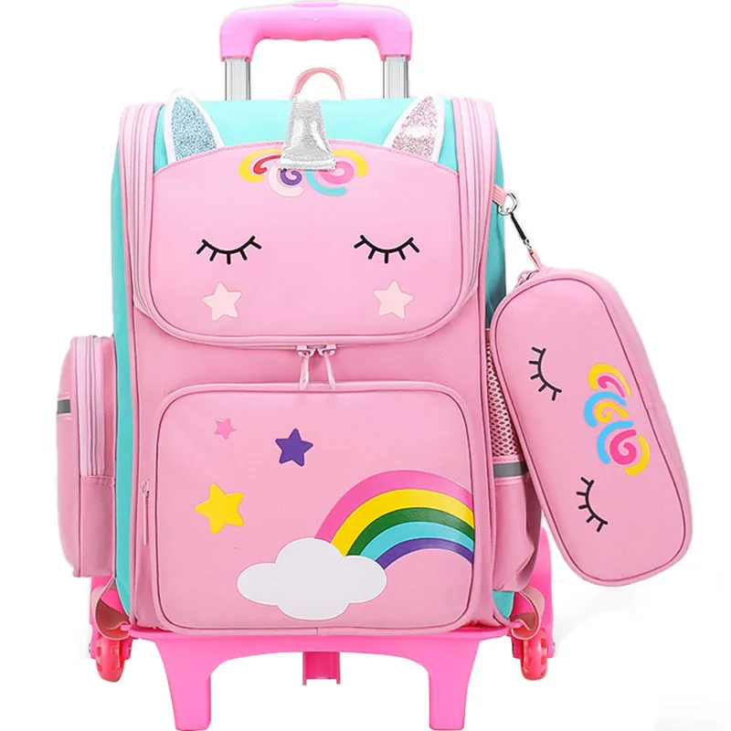 Cartoon Unicorn School Bags Wheeled Backpack for girls Teenagers Children Trolley Bag with Wheels Student Backpack Kids