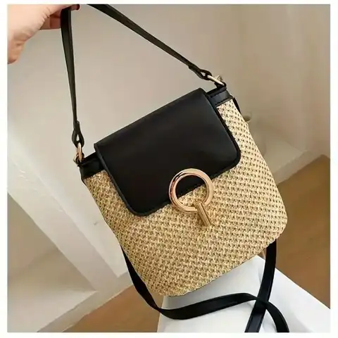 Bolso bandolera tejido para la playa, correa ajustable multifuncional para el hombro, cierre dorado, adecuado para vacaciones y uso diario informal, bolso de viaje decorativo de alta calidad en marrón/negro/blanco/azul claro