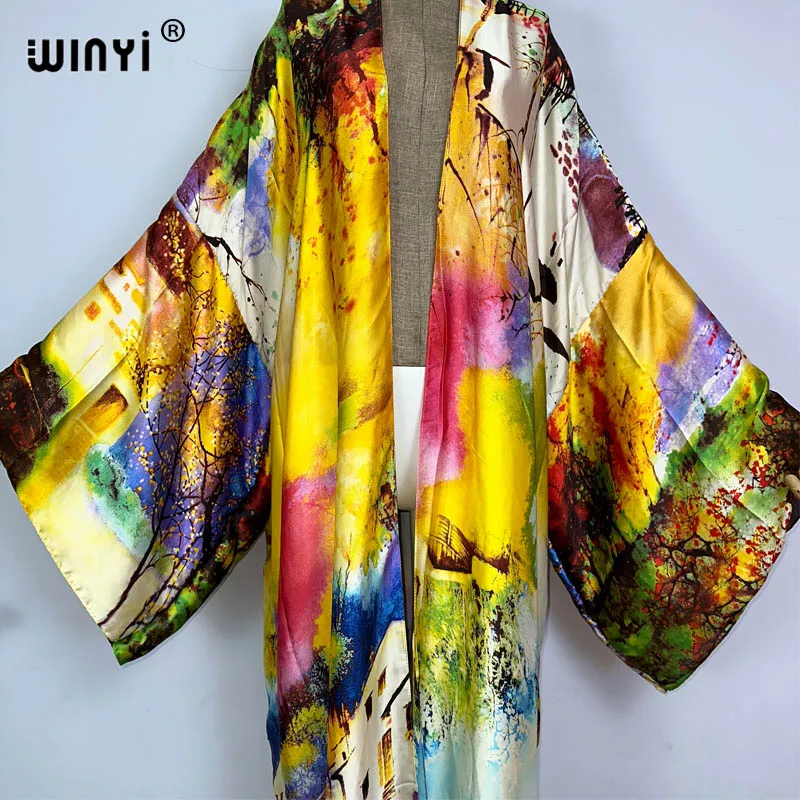 WINYI kimono summer Oil painting print Bikini Cover-up Elegant fashion Cardigan sexy Holiday long Sleeve silk feeling maxi dress