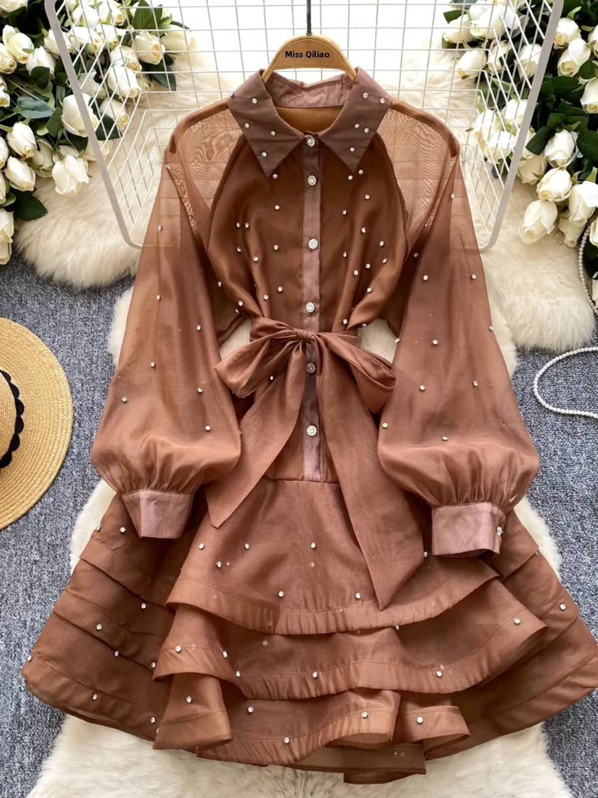 우아한 헤비 엠벨리시드 러플 헴 다이아몬드 드레스 여성용 봄 패션 벨티드 웨이스트 퍼프 스커트 스타일 한국 하이웨이스트