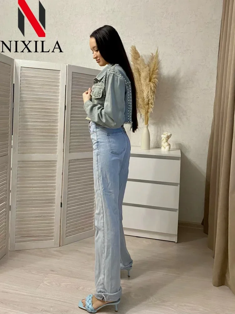 سترة جينز مرصعة للنساء ، معاطف جينز مرصعة ، حبة أظافر بالية ، بلوزة بأكمام طويلة ، ملابس عصرية للربيع والصيف ، جديدة