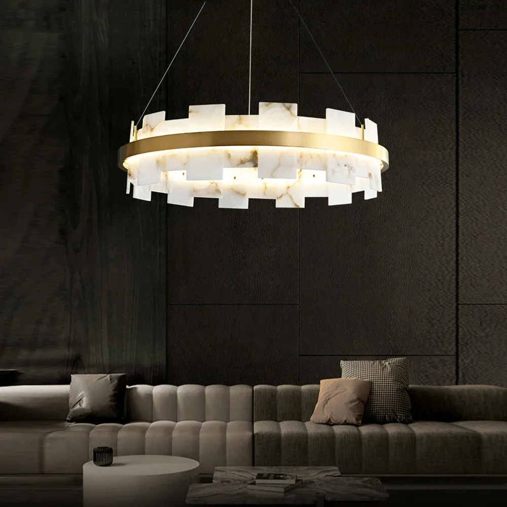 Natural Marble Pendant Lights New Modern Luxury Led Chandelier Circle Ring Hanging Suspension Lamps Indoor Light Lustre Fixtures