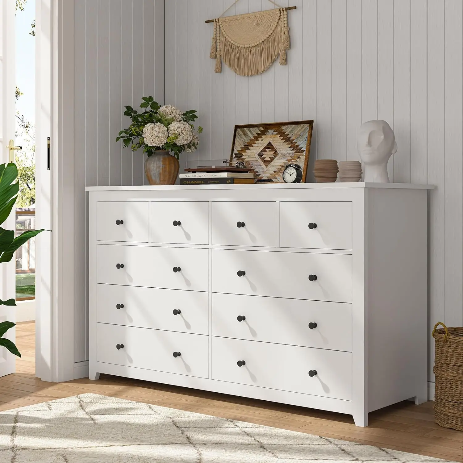 White Dresser, Dresser for Bedroom with 10 Wood Drawers Dressers & Chests of Drawers with Smooth Metal Rail, Wide