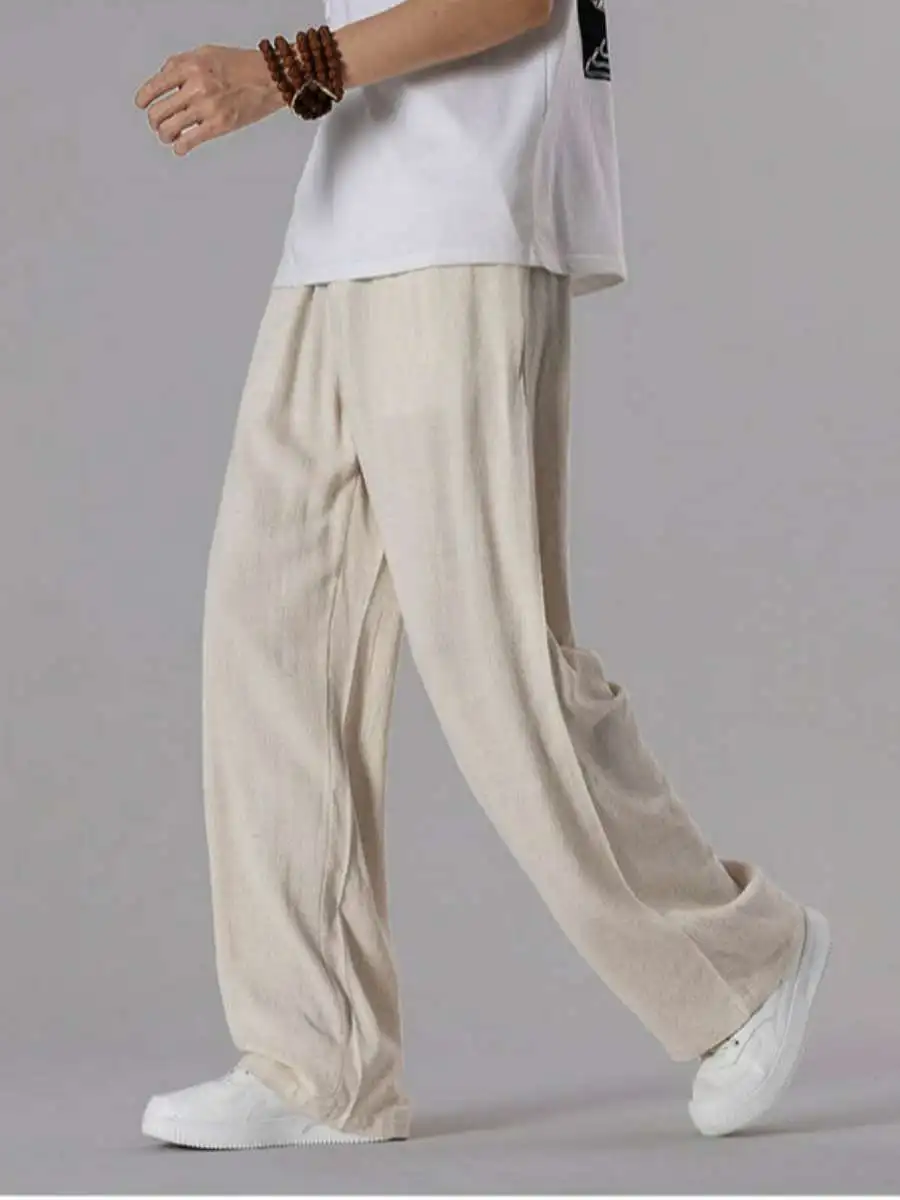 

New Men's Cotton Linen Pants Summer Thin Loose Casual Long Trousers Floor-Length Large Size Straight Leg Wide Leg