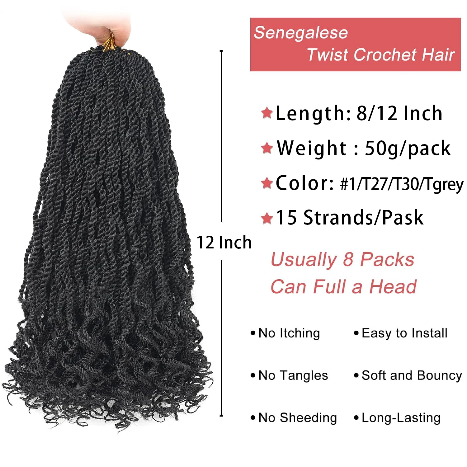 Ombre Grey Senegalese Twist Crochet Hair, Pre‑Looped Short Micro Twist with Curly Ends, Synthetic Havana Twist Braiding Hair