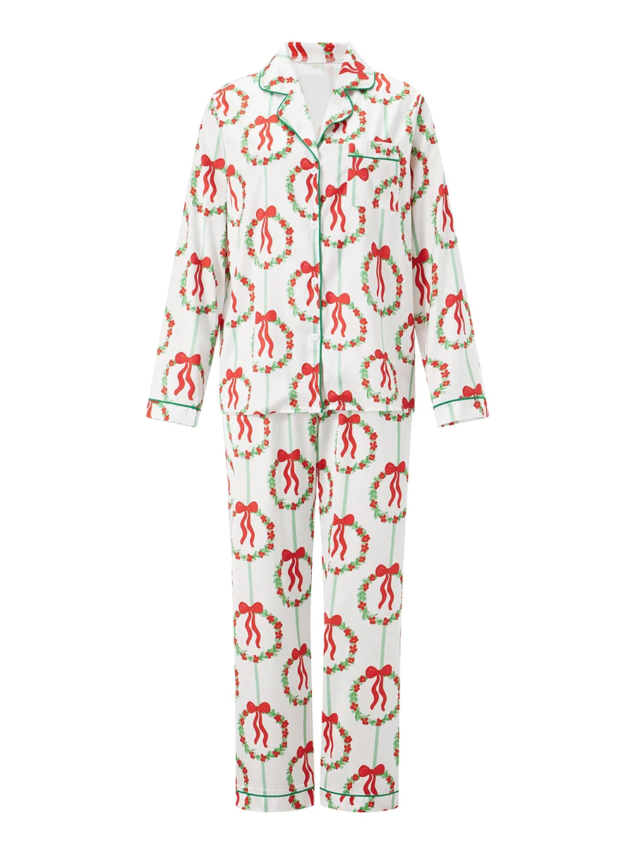 2025 Women’s Christmas Pajama Set Long Sleeve Chest Pocket Button Up Shirt + Pants Set Winter Fall 2 Piece Sleepwear
