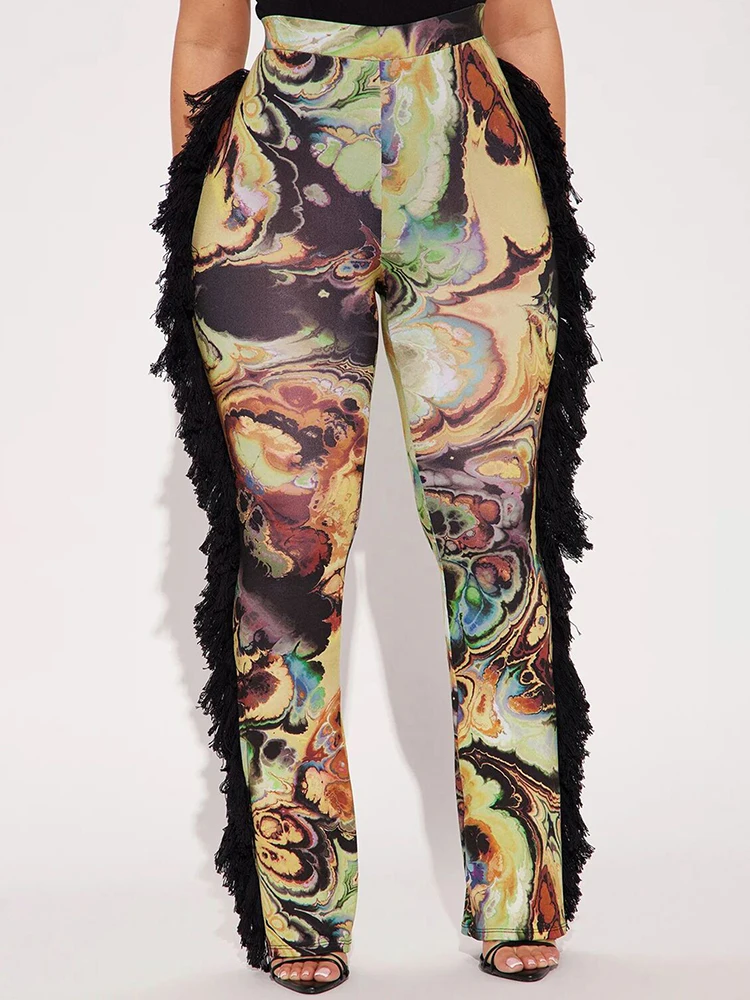 Nibber Kleurrijke Art Print Kant Kwastje Flare Broek Vrouwen Patchwork Herfst Trend Sexy Wilde Slanke Straat Skinny Clubwear Broek