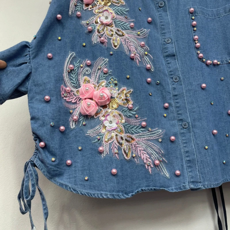 GALCAUR colorblock spliced appliques cowboy shirts for women lapel short sleeves patchwork bead temperament shirt femlae fashion