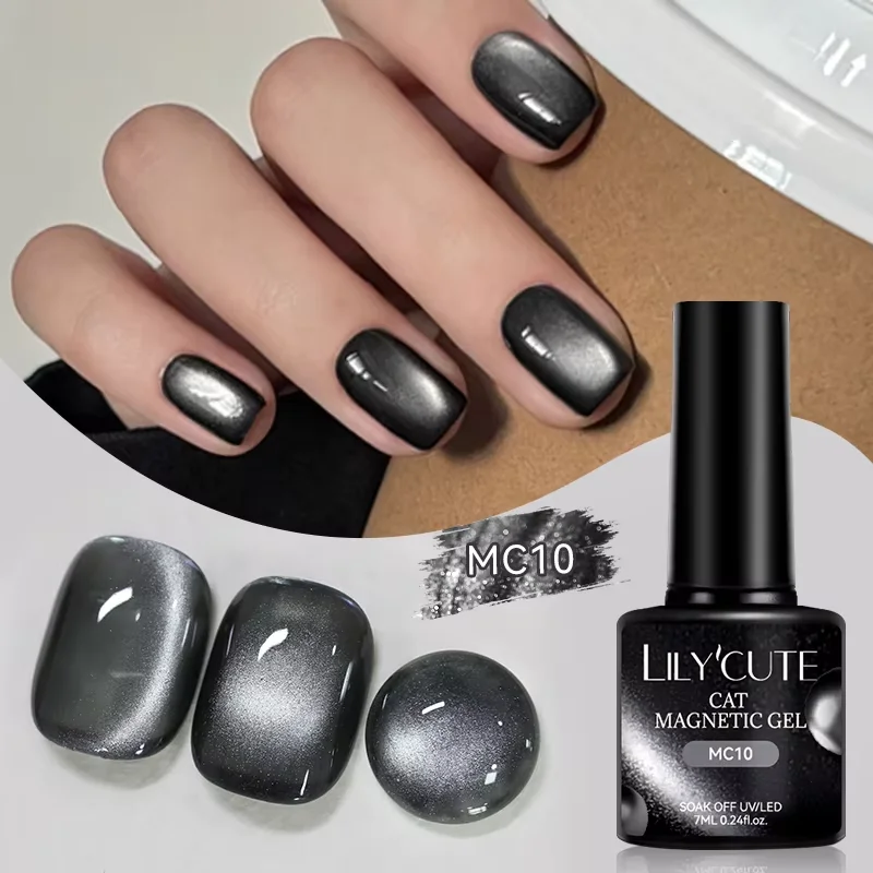 LILYCUTE 7ml Pure Polor Black Glass Cat Magnetic Gel Nail Polish Glitter Punk Style Magnetic Gel UV/LED Soak Off Varnish Design