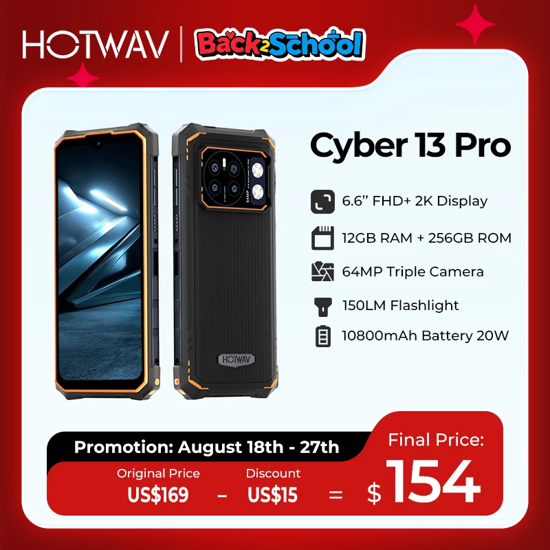 

[Мировая премьера] HOTWAV Cyber 13 Pro 150LM Фонарик 20 ГБ + 256 ГБ 6,6 дюйма FHD + 2K 10800 мАч 20 Вт Быстрая зарядка 64 МП Android 13 Global