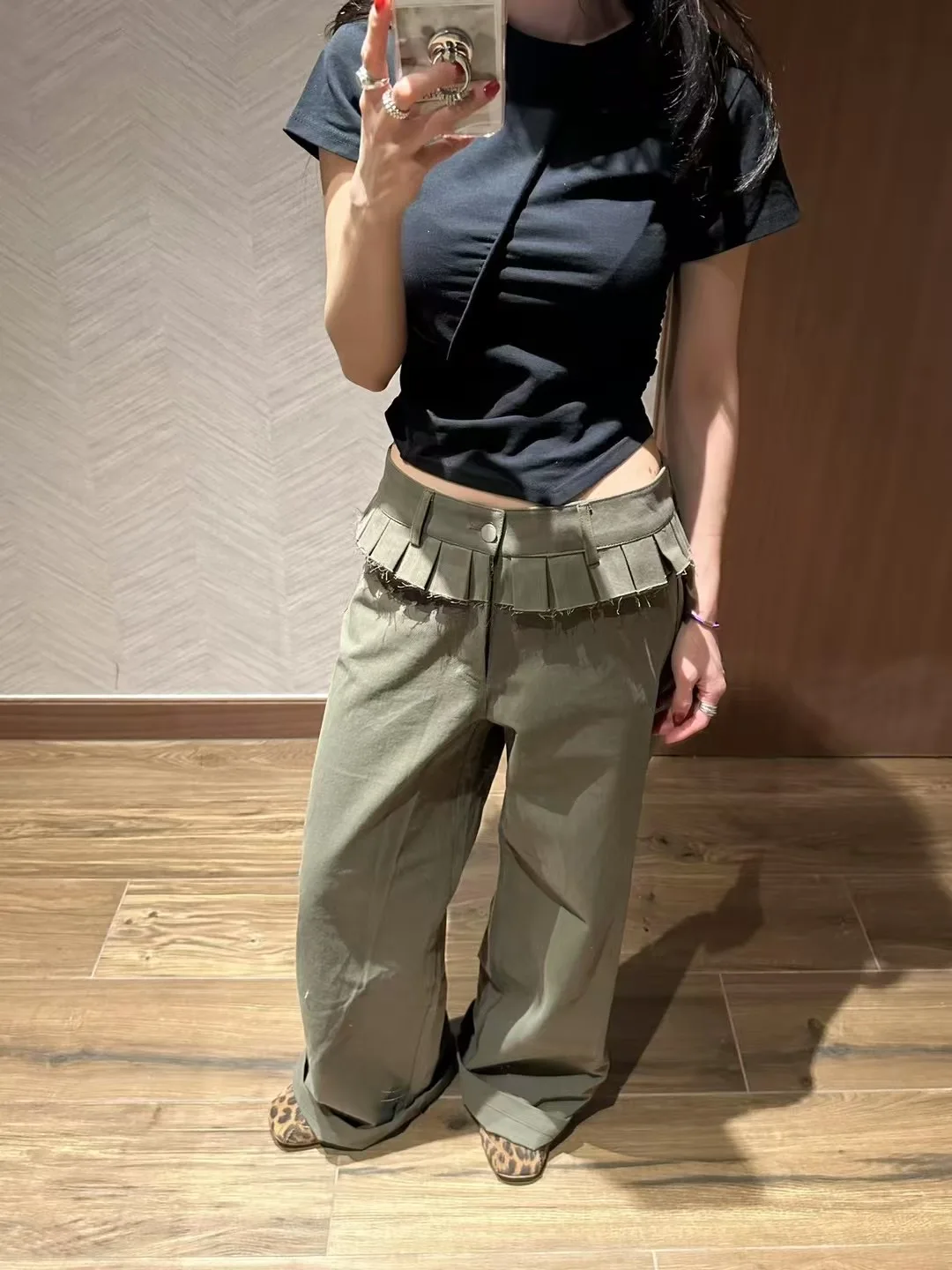 KUSAHIKI Pleated Fake Two-piece Casual Pant for Women Spring High Waist Spicy Girl Wide Leg Long Pants