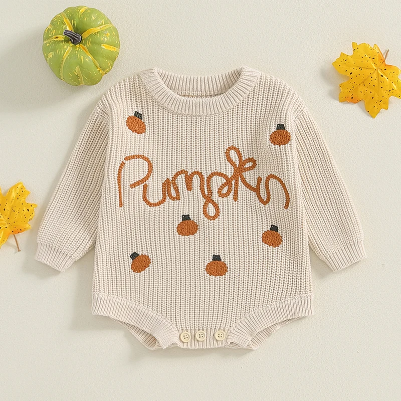 EWODOS Baby Girls Boys Sweater Rompers Halloween Clothes Pumpkin Letter Embroidery Long Sleeve Toddler Fall Bodysuits